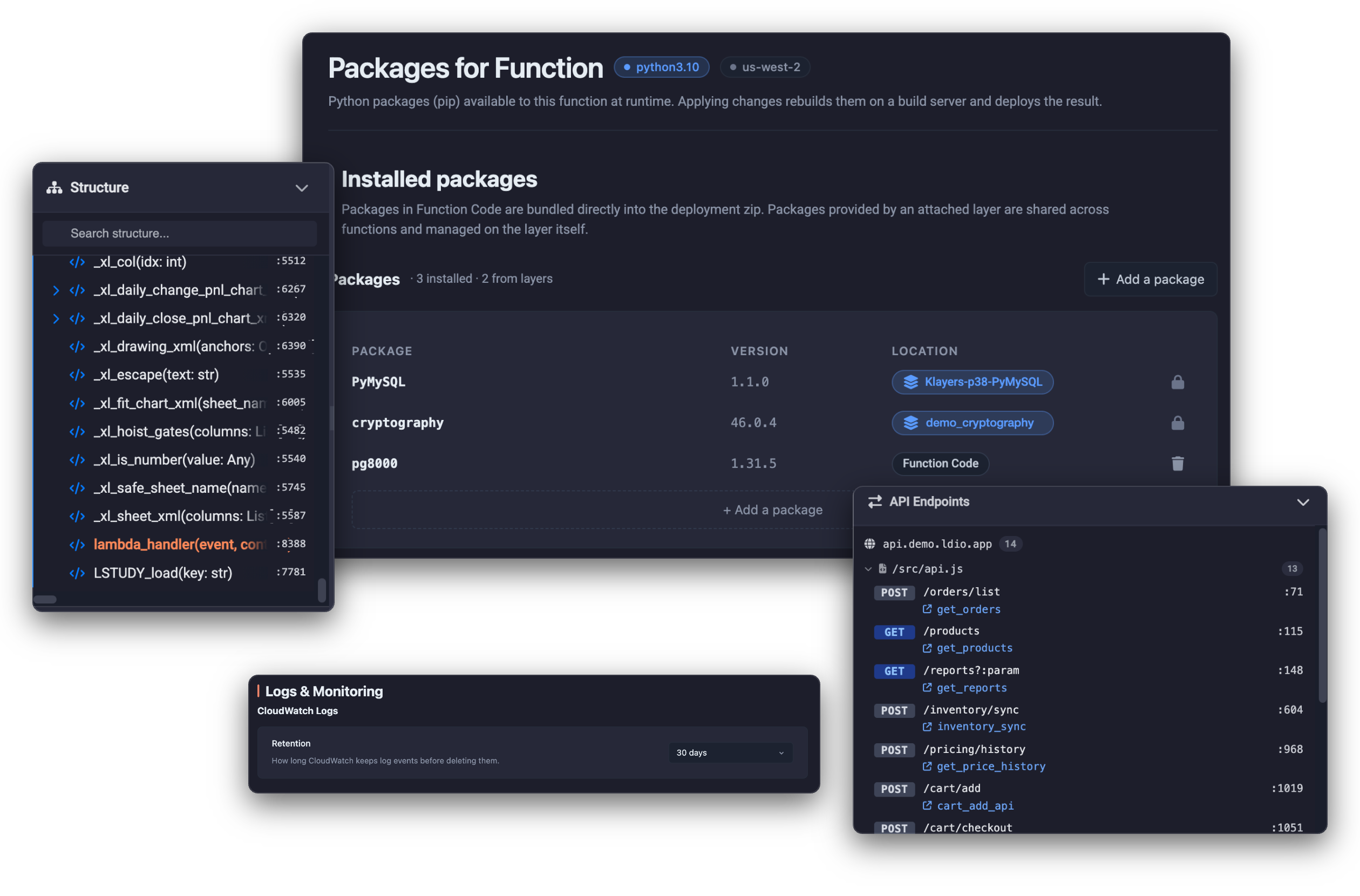 Function packages and layers, code structure, API endpoint map and log retention settings