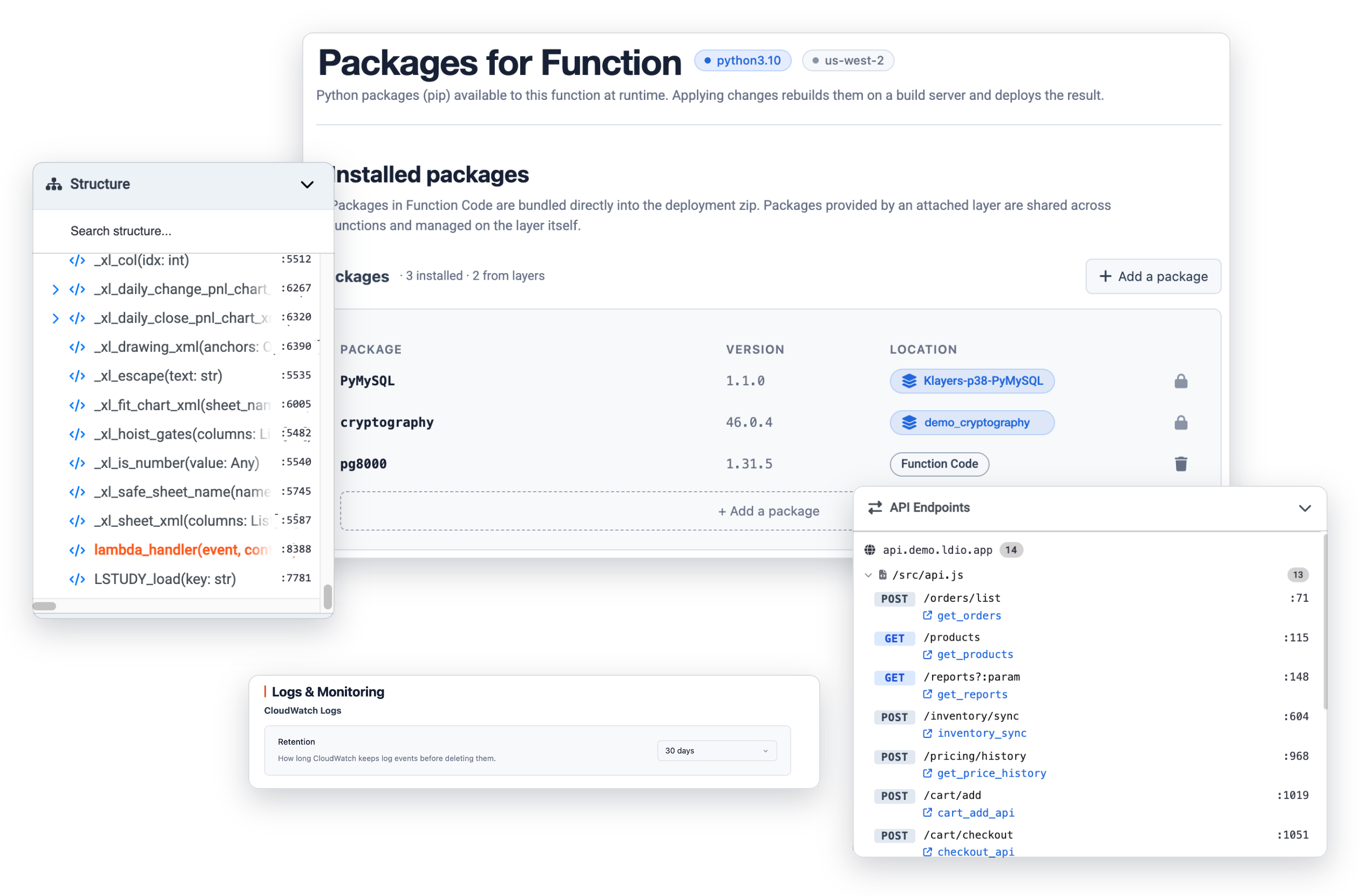 Function packages and layers, code structure, API endpoint map and log retention settings