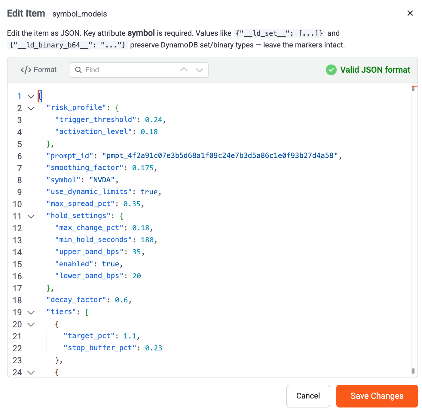 Edit Item dialog with a validated JSON record