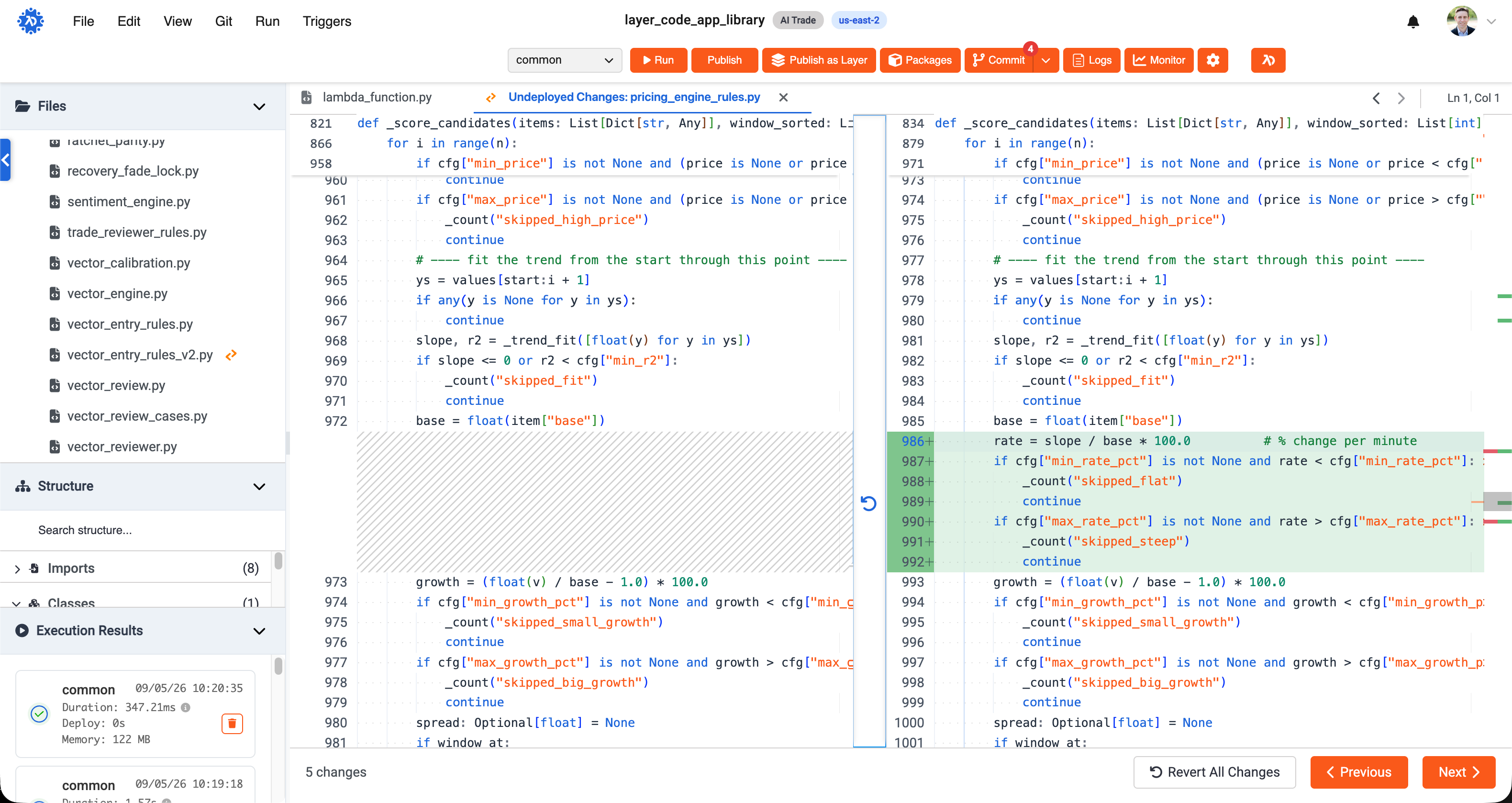 Undeployed changes shown as a side-by-side diff