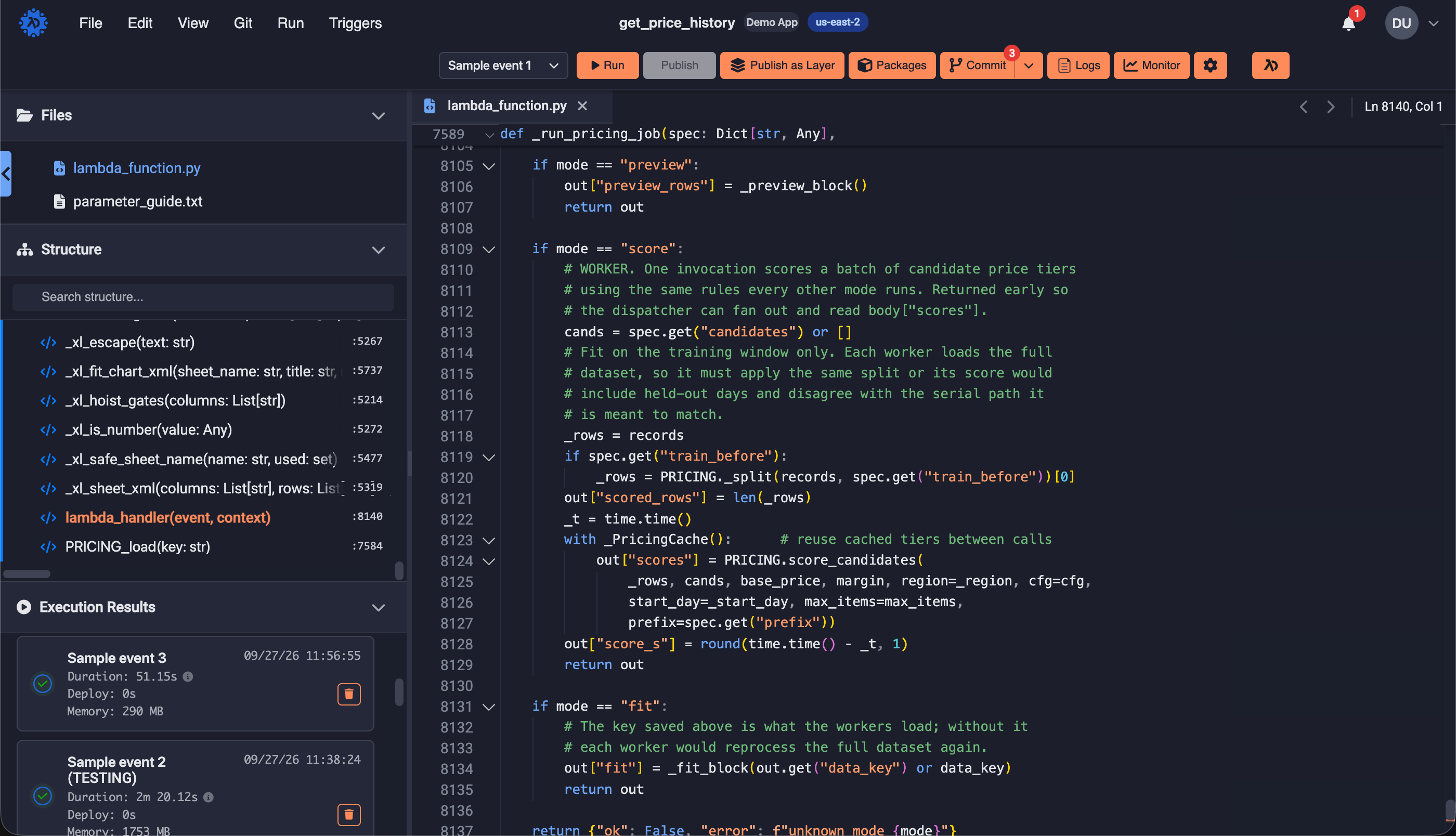 Function editor with files, code structure, execution results and toolbar