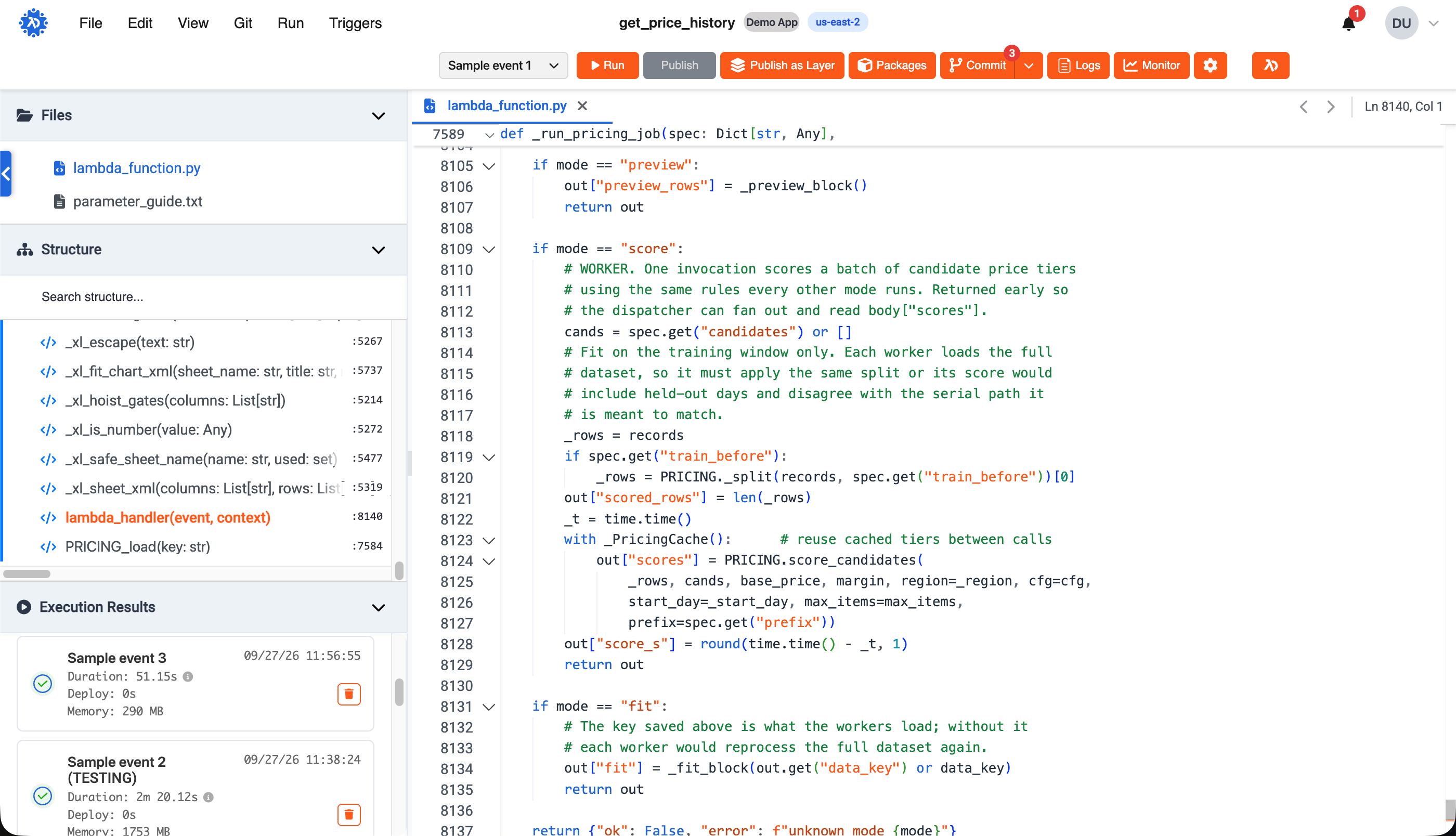 Function editor with files, code structure, execution results and toolbar