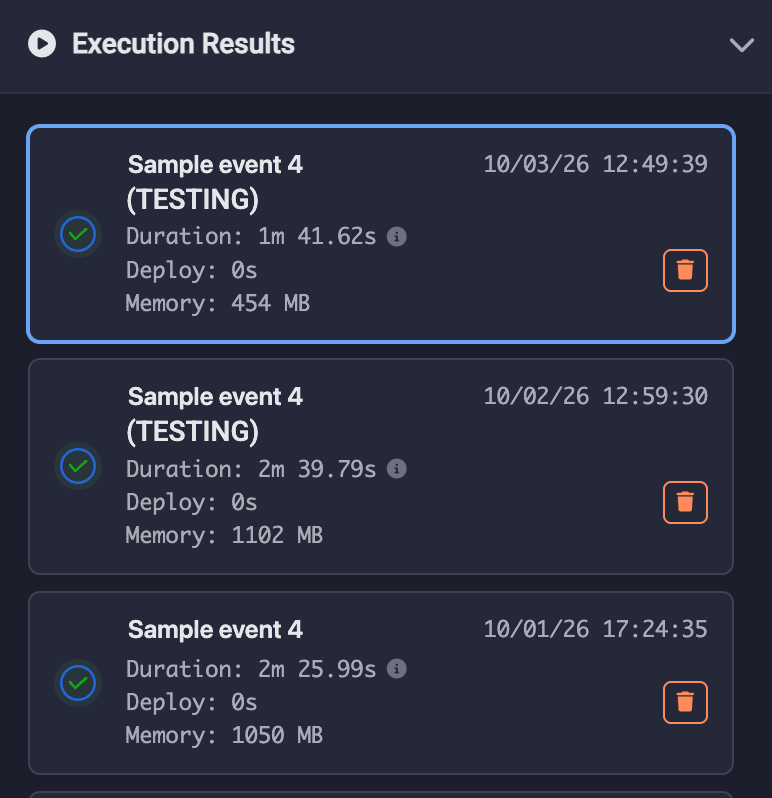 Test run history with duration, deploy time and memory per run
