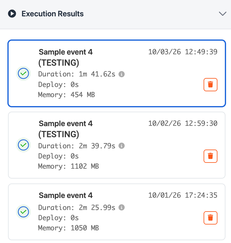 Test run history with duration, deploy time and memory per run