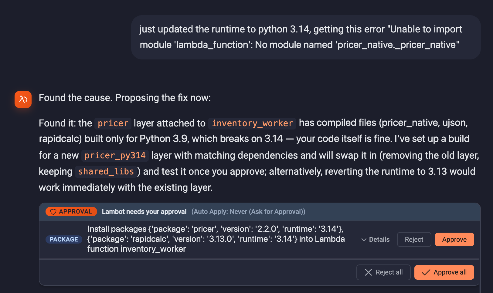 Lambot diagnosing a Python 3.14 layer error and proposing a fix for approval