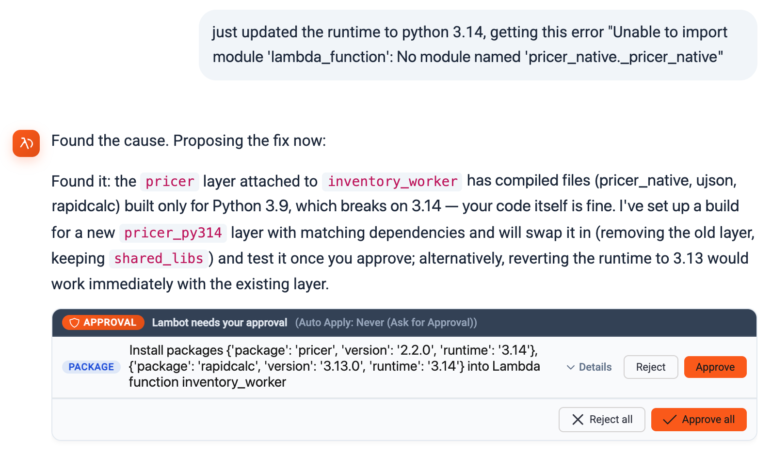 Lambot diagnosing a Python 3.14 layer error and proposing a fix for approval