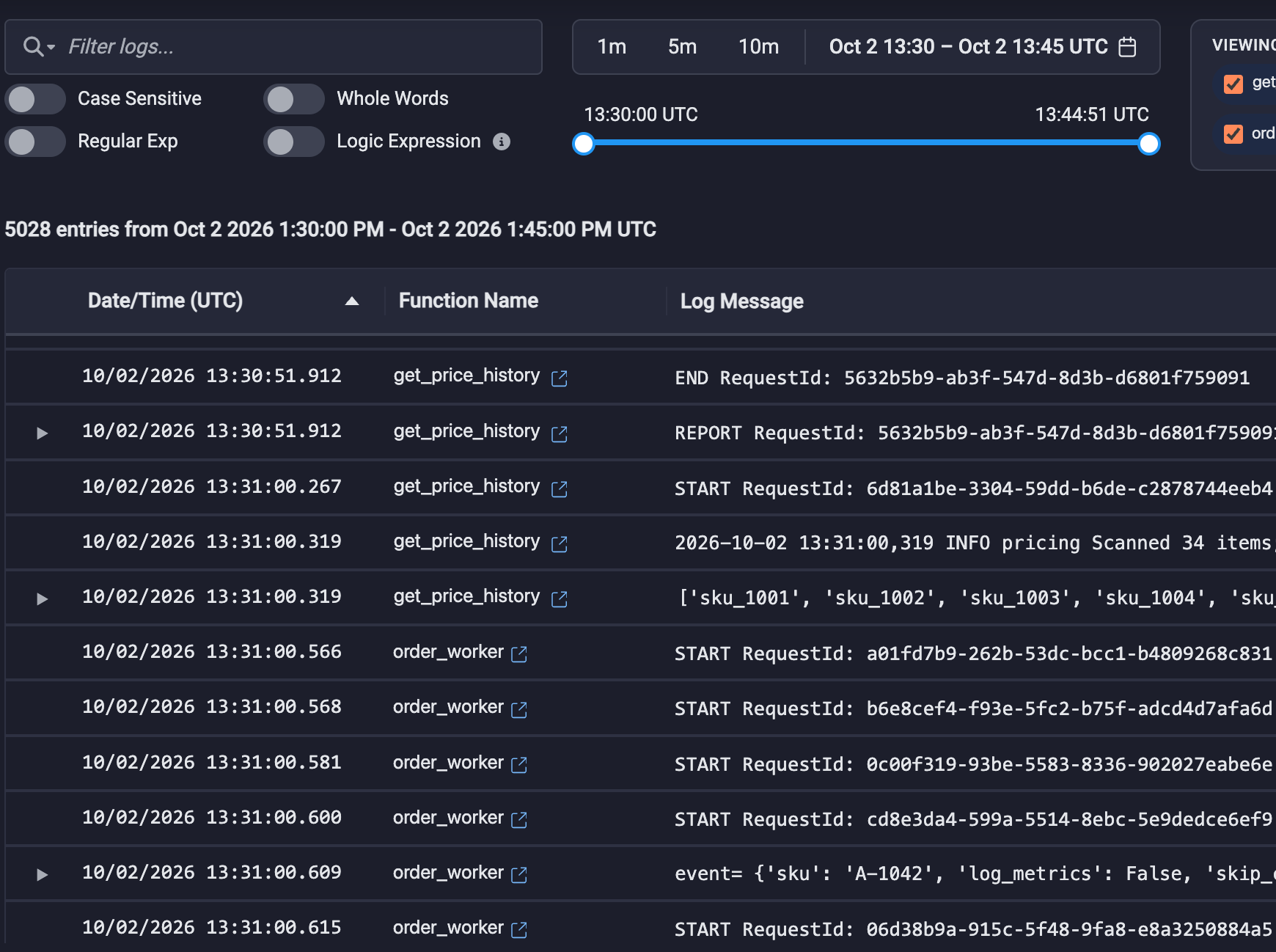 Log viewer filtering logs across two functions with time range and search options