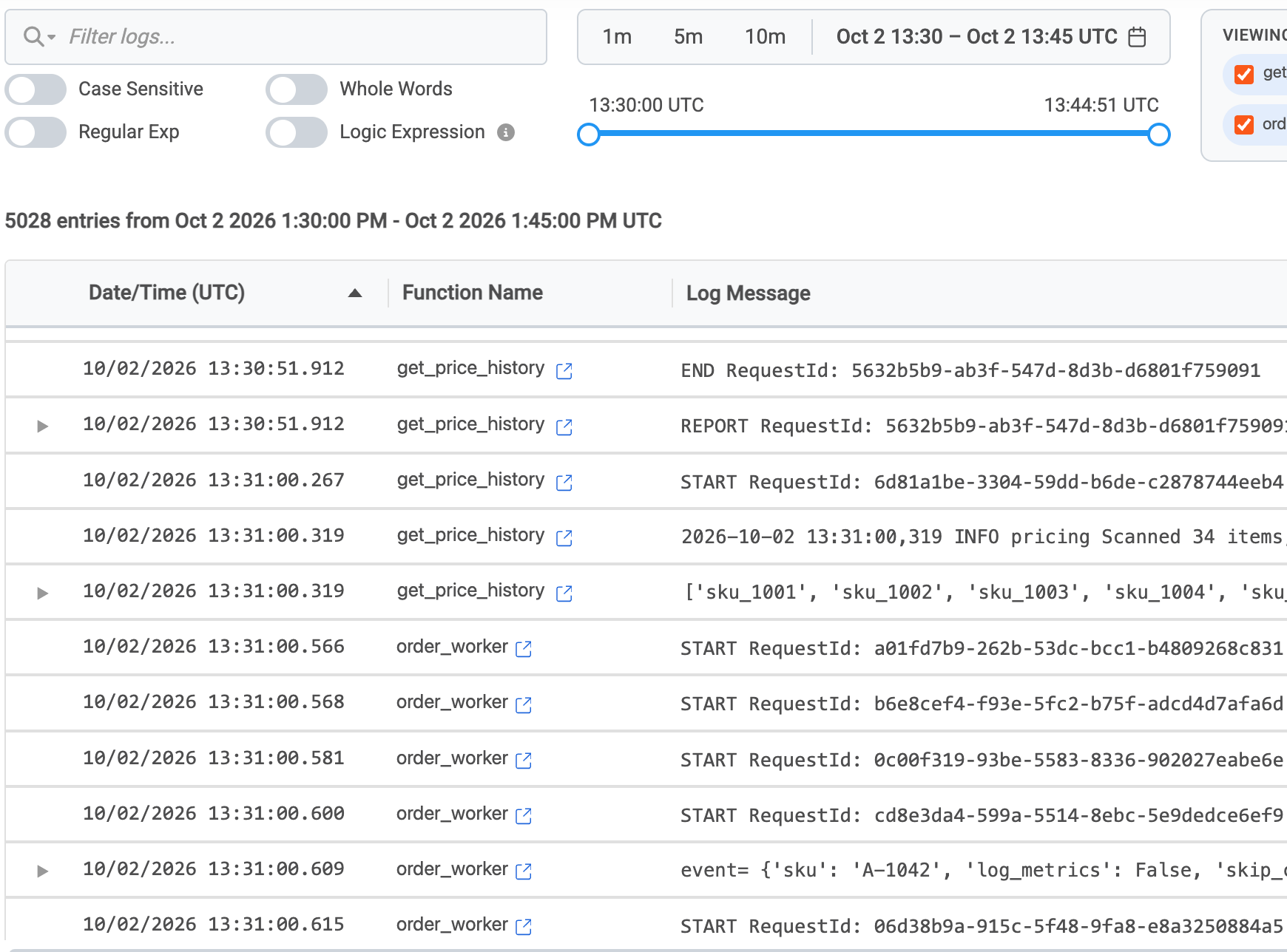 Log viewer filtering logs across two functions with time range and search options