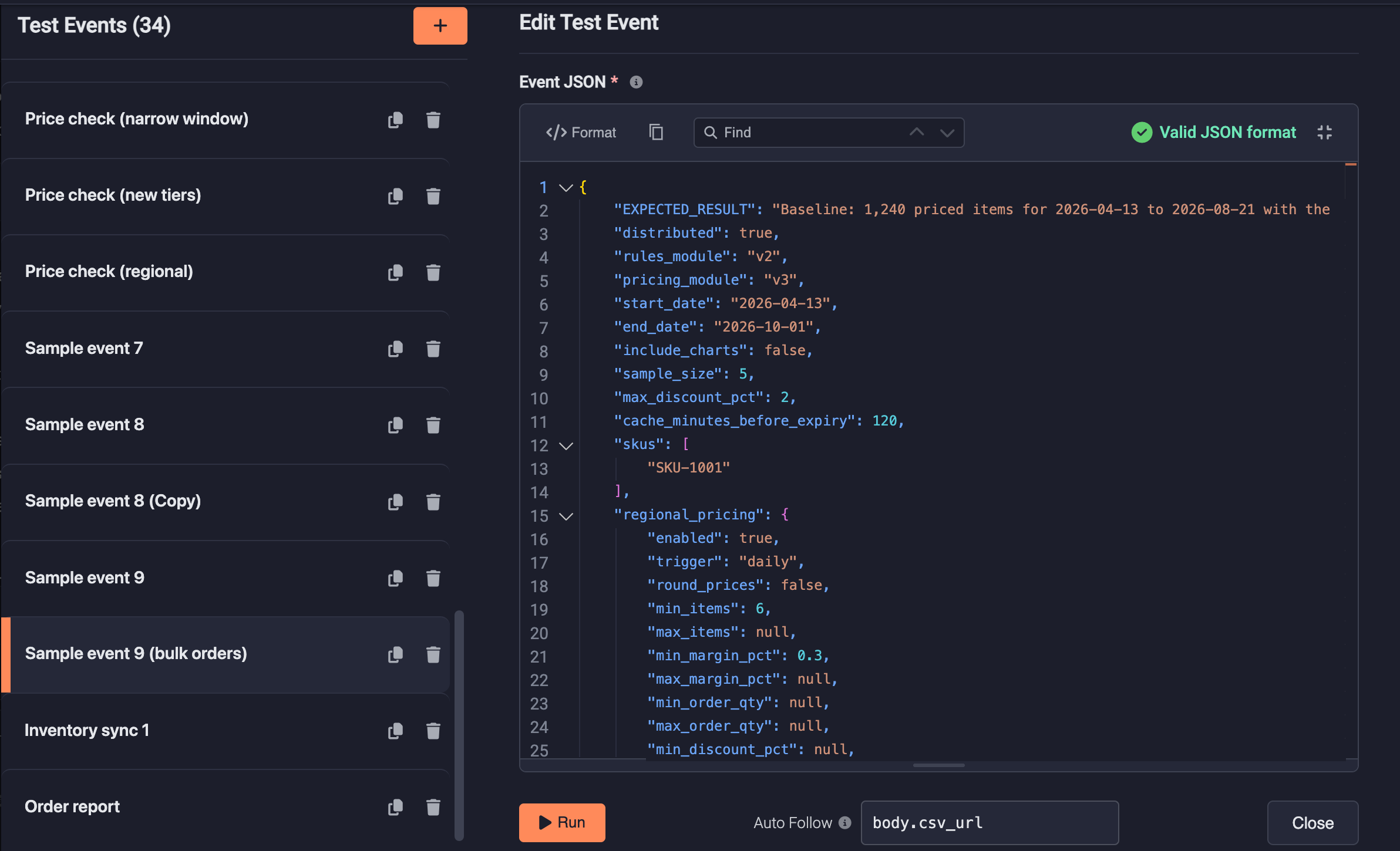Test event manager with saved events and a JSON event editor