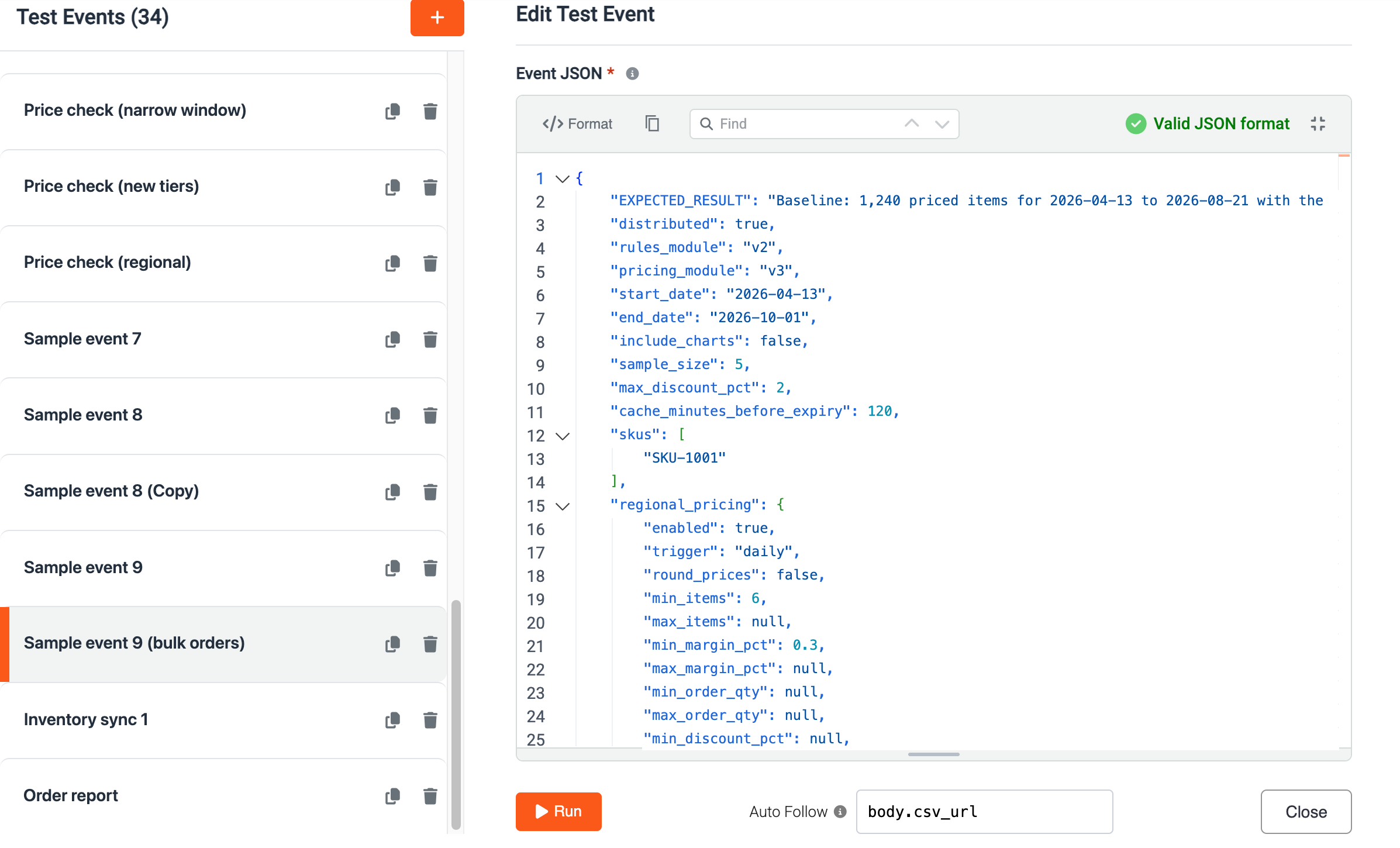 Test event manager with saved events and a JSON event editor