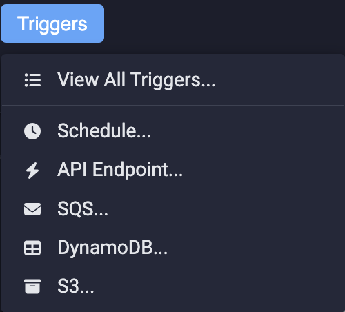 Triggers menu: schedule, API endpoint, SQS, DynamoDB and S3