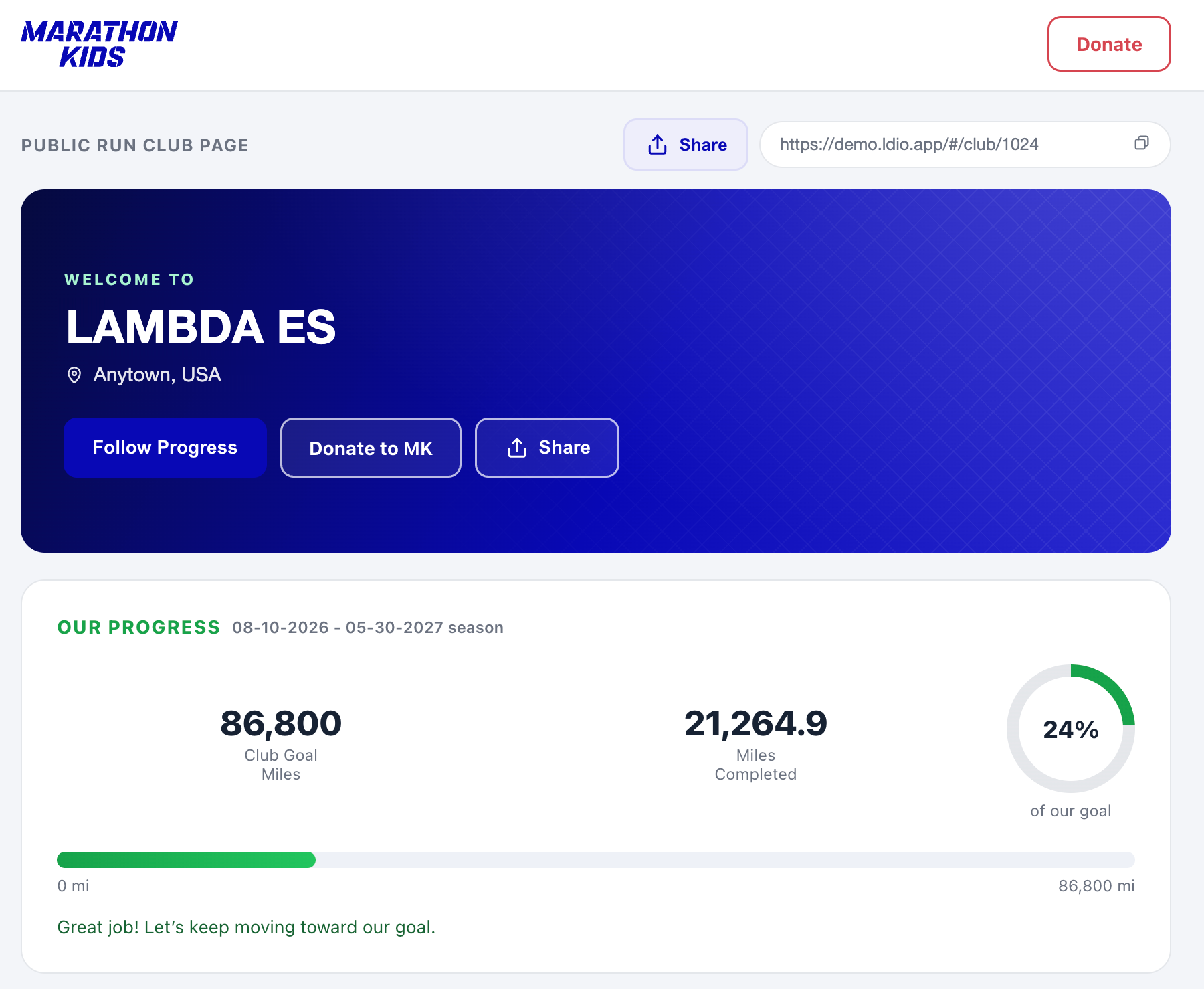 Public run club page built as an internal tool, showing club progress