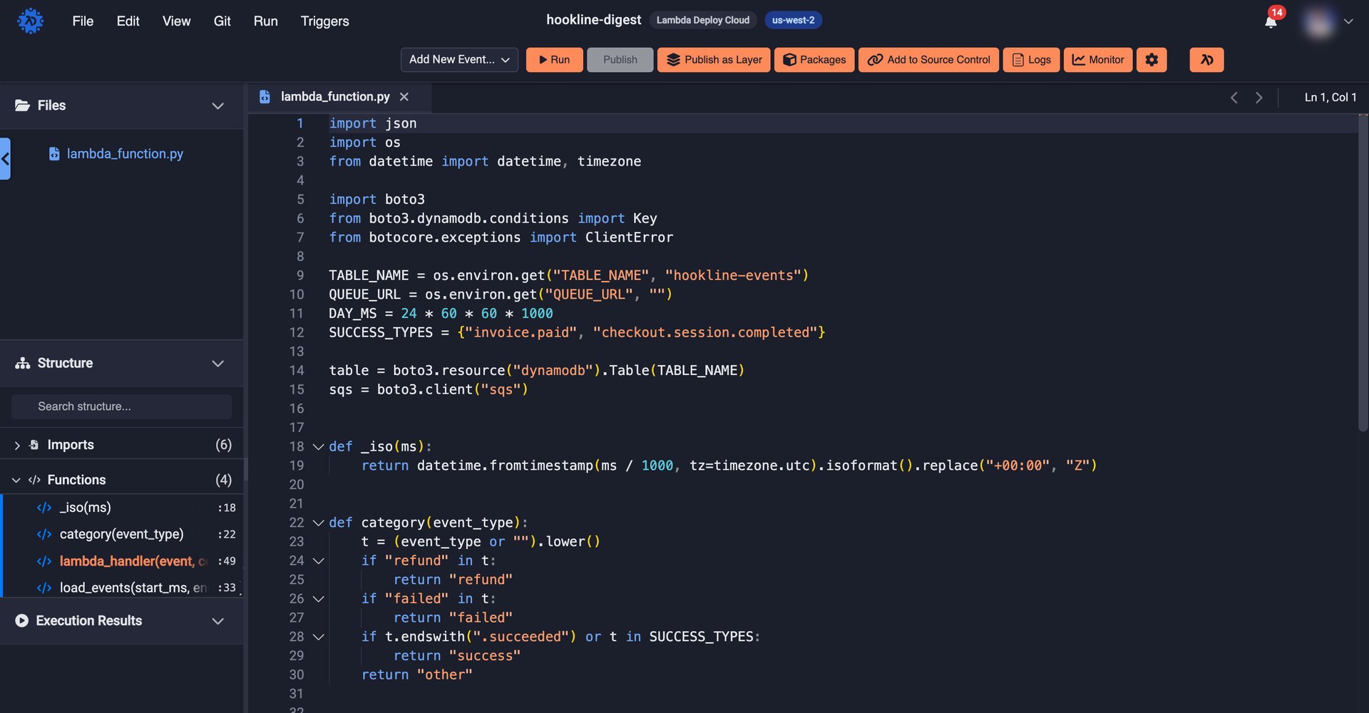 A Python Lambda open in the function editor